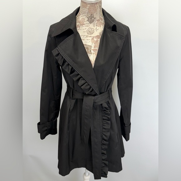 JESSICA SIMPSON Elegant Black Ruffle Trim trench Coat size S - Picture 8 of 13